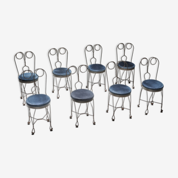 Chaises de salle à manger en fil métallique et velours 'Atelier Français' 1970