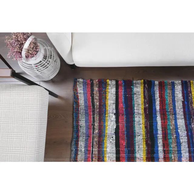 Tapis kilim vintage turc Oushak fait main en laine et coton bleu