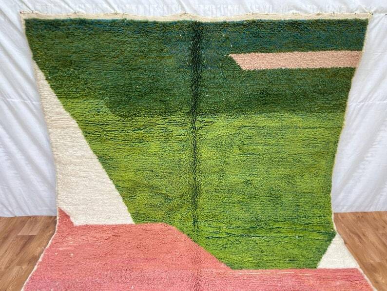 Handmade Berber wool rug, green and pink, 150/250cm