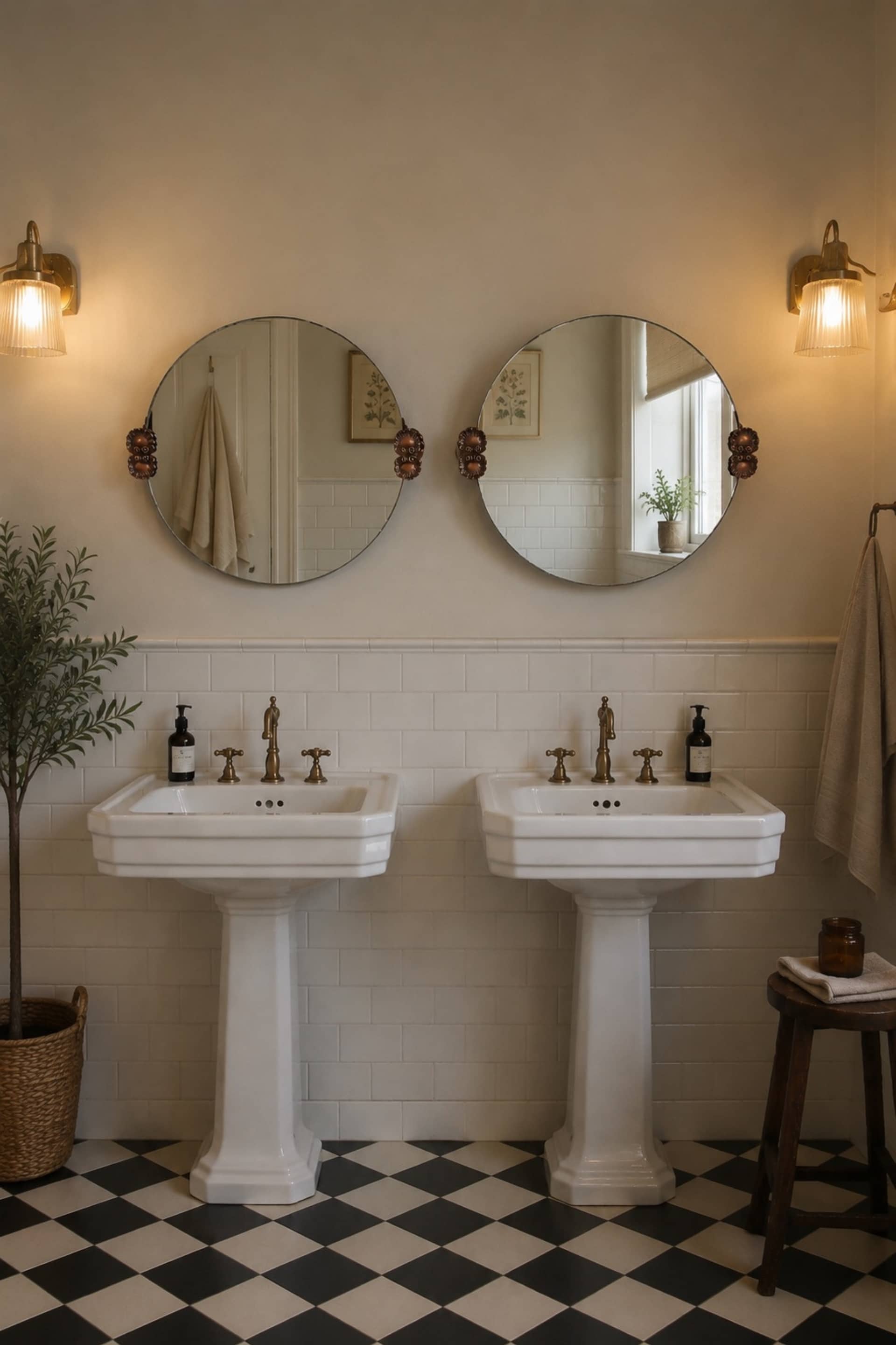 2 round mirrors made of copper alloy, 1940s-1950s