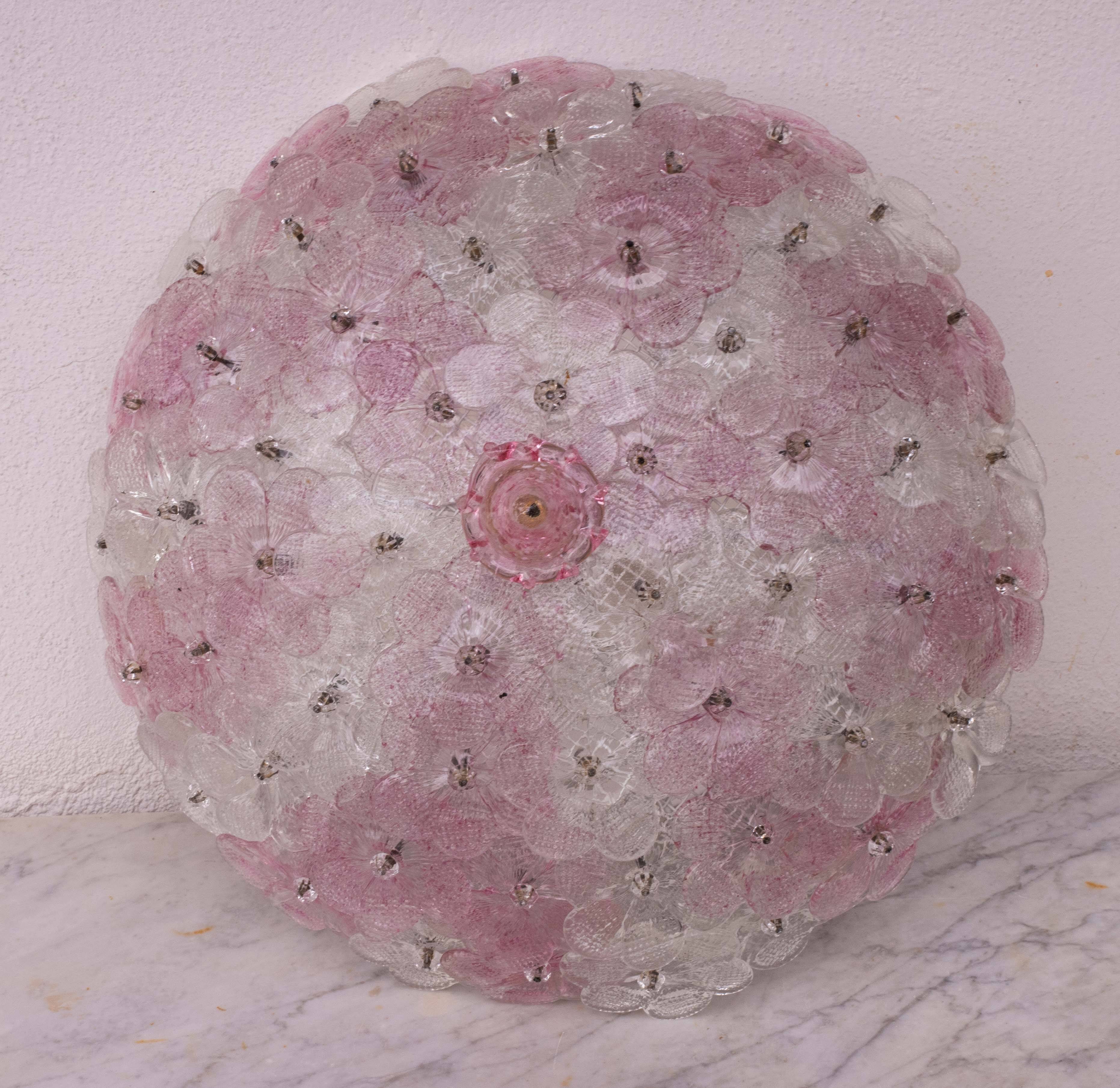 Charming Murano Ceiling Light Pink Flower by Seguso for Venini, Italy, 1970
