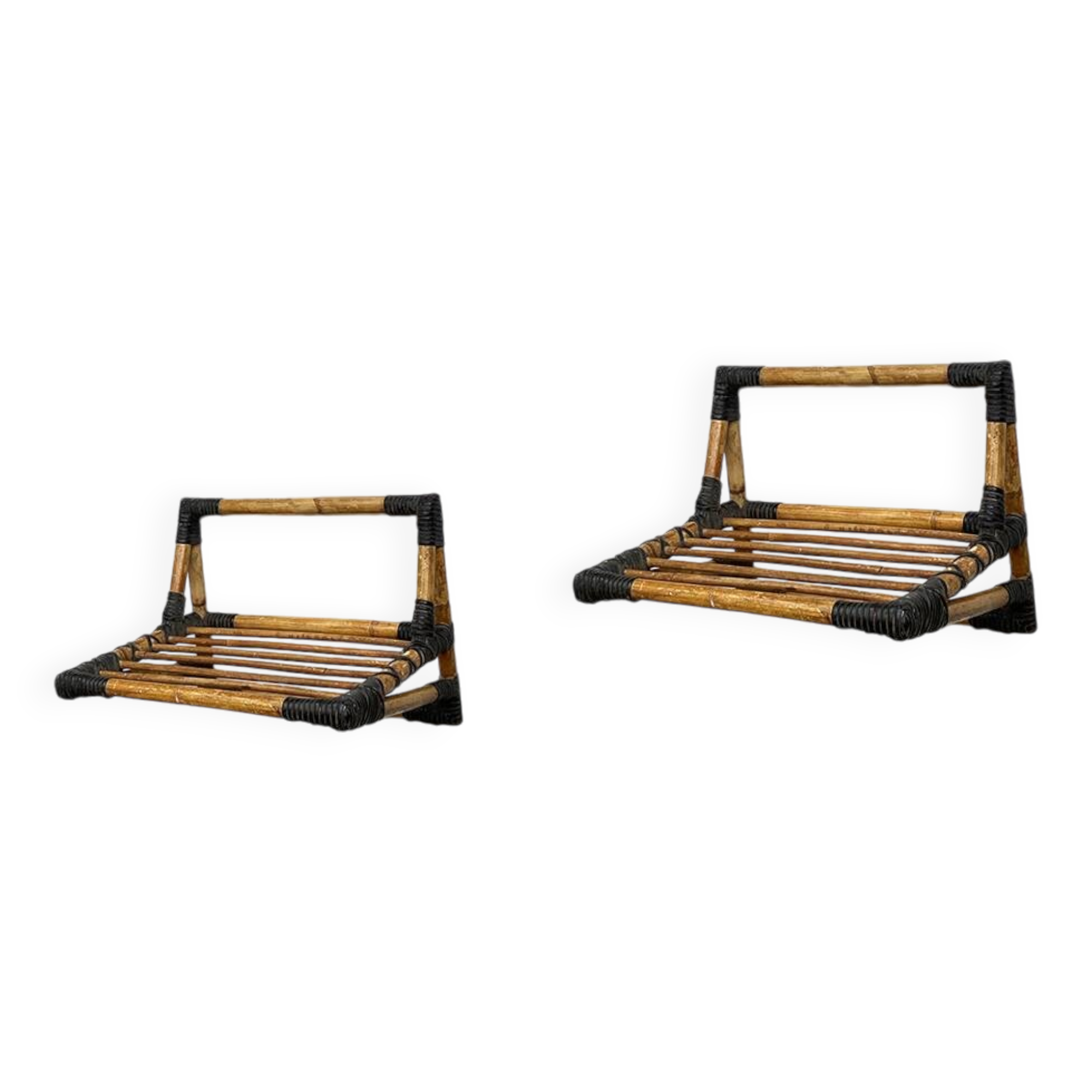 Pair of vintage 1950s rattan bedside shelves