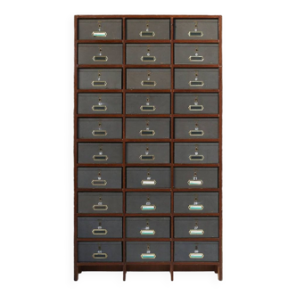Industrial filing cabinet in wood with 30 original cardboard storage boxes, Belgium, 1920s