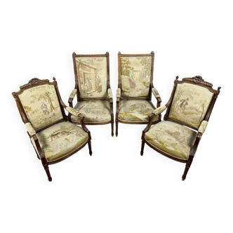 Jean de la Fontaine : paire de fauteuils + paire de bergères style Louis XVI