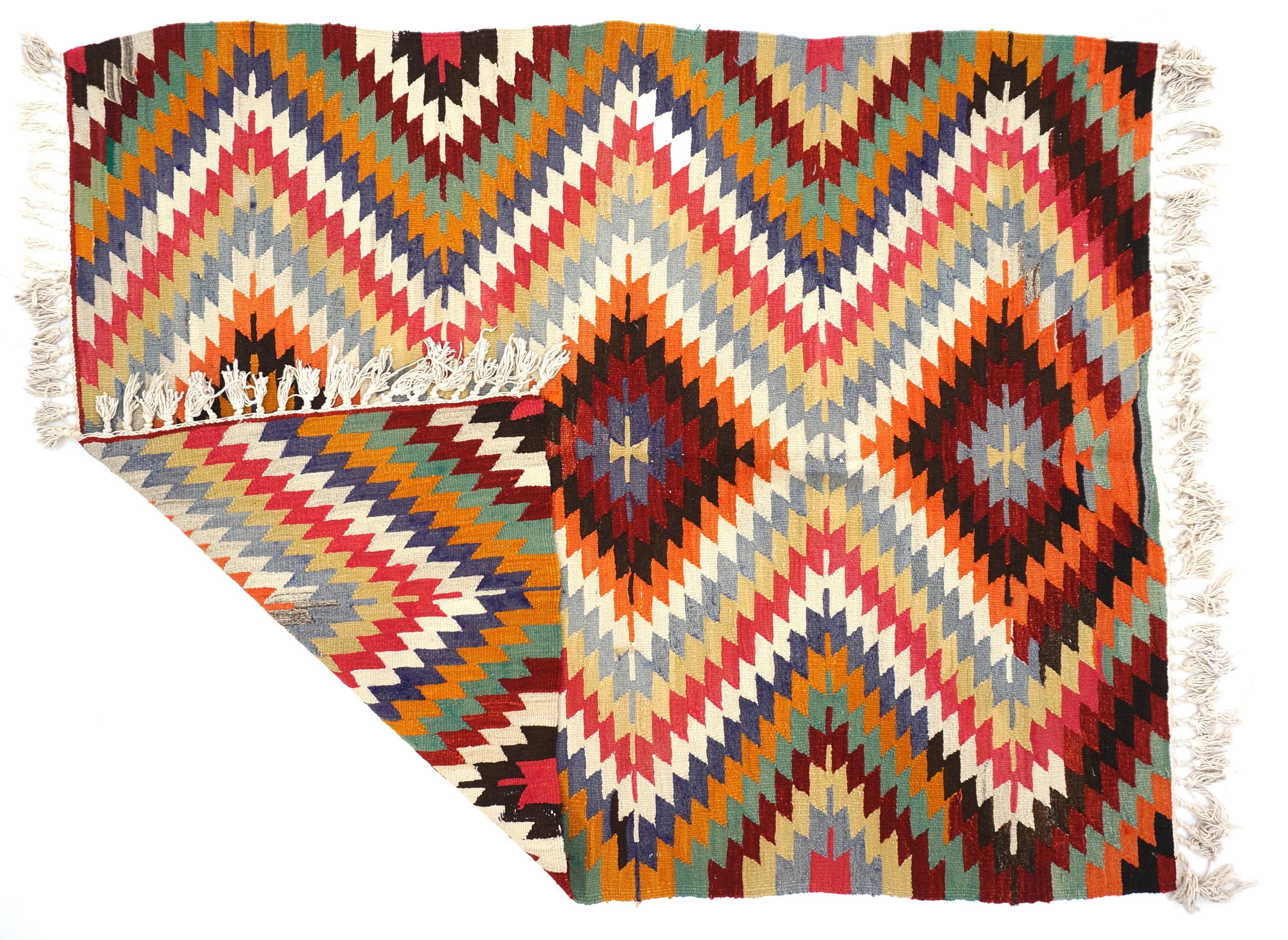 Tapis Kilim Vintage Zigzag – Tissage Anatolien à Motifs Diamants