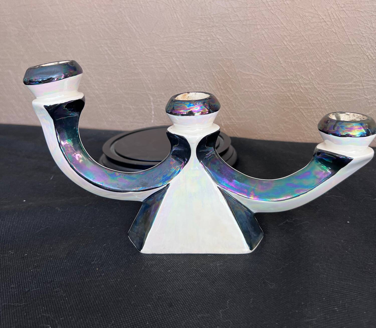 Pair of 3-branch candlesticks in iridescent two-tone ceramic from the 60s