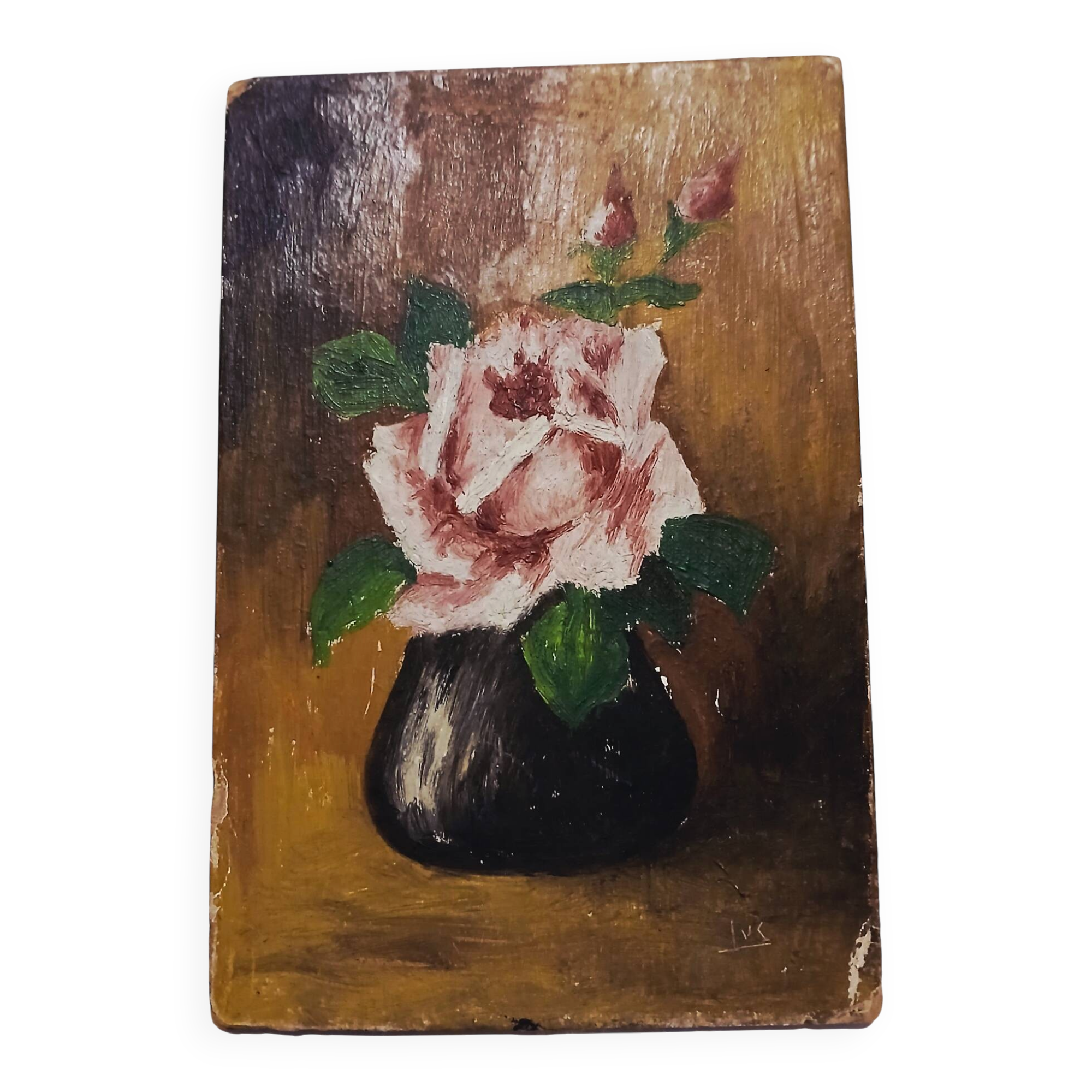 Petit tableau ancien "rose" signé LUC