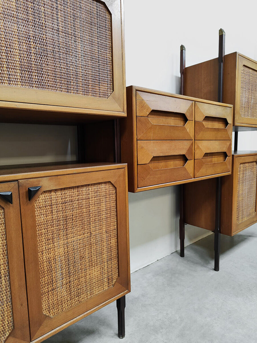Rare Italian midcentury design modular teak webbing wall unit cabinet