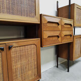 Rare Italian midcentury design modular teak webbing wall unit cabinet