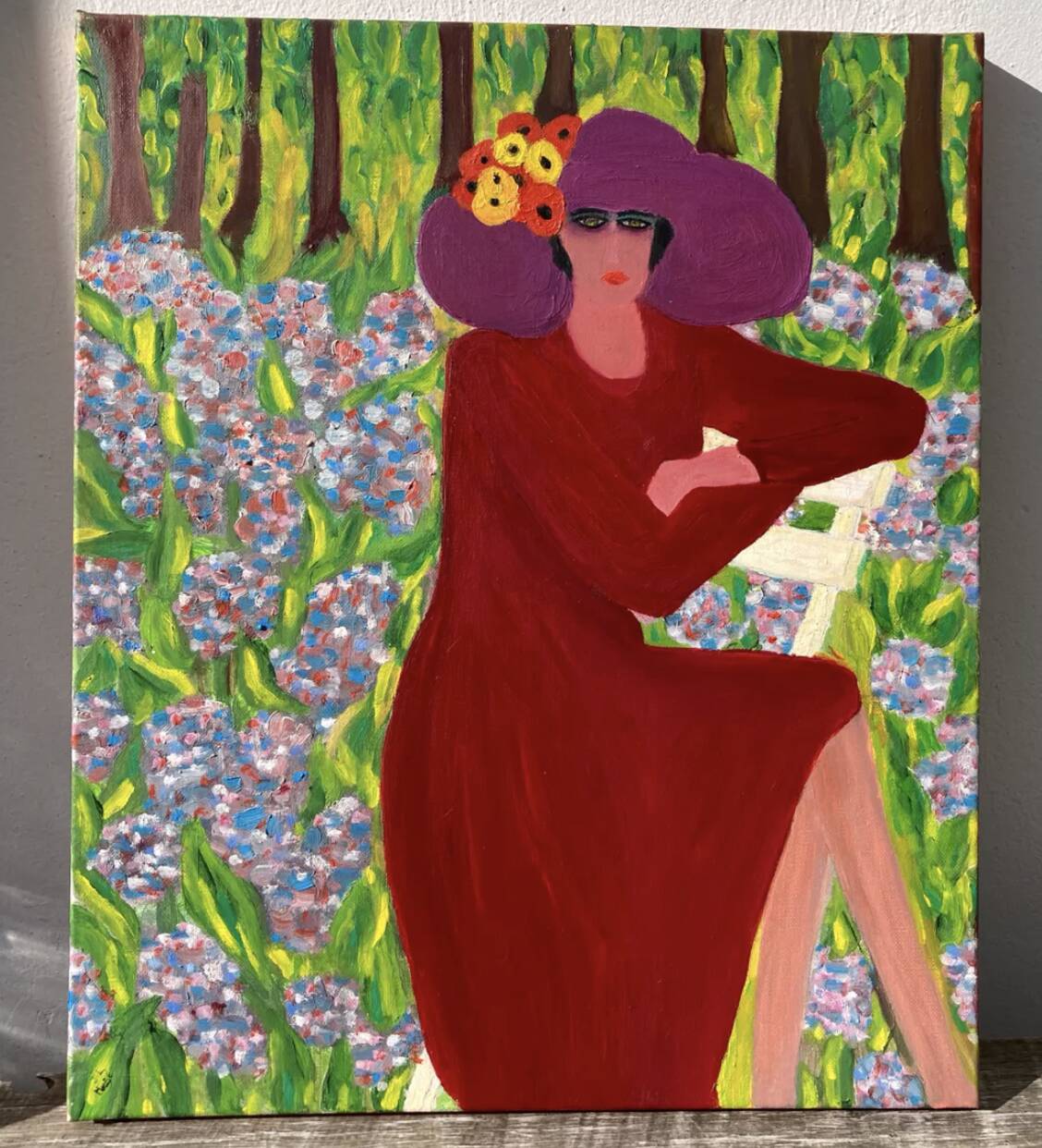 Portrait de femme huile sur toile fleurs