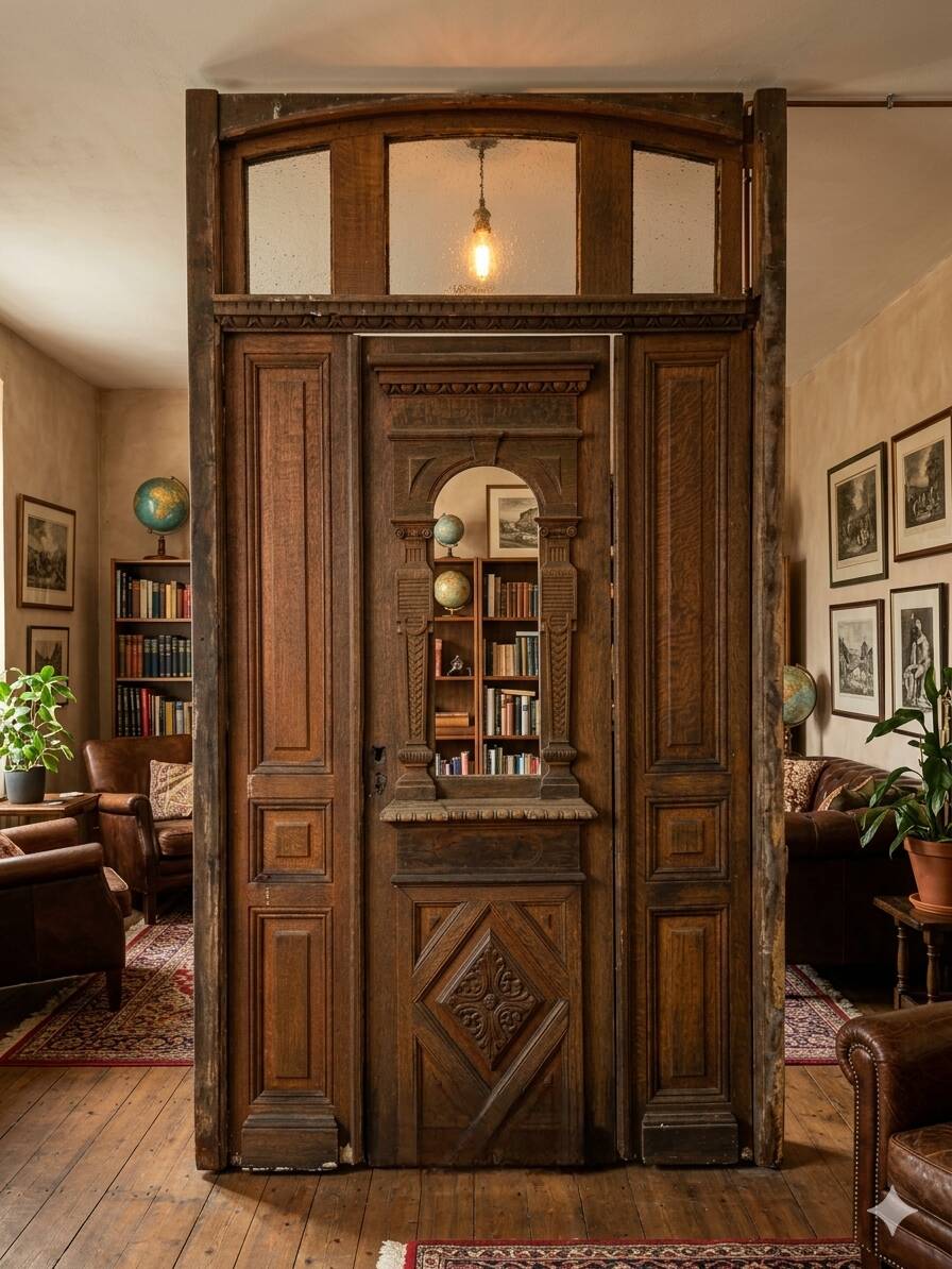 19th-century solid oak entrance door with three openings, including frame.