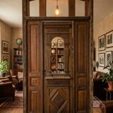 19th-century solid oak entrance door with three openings, including frame.