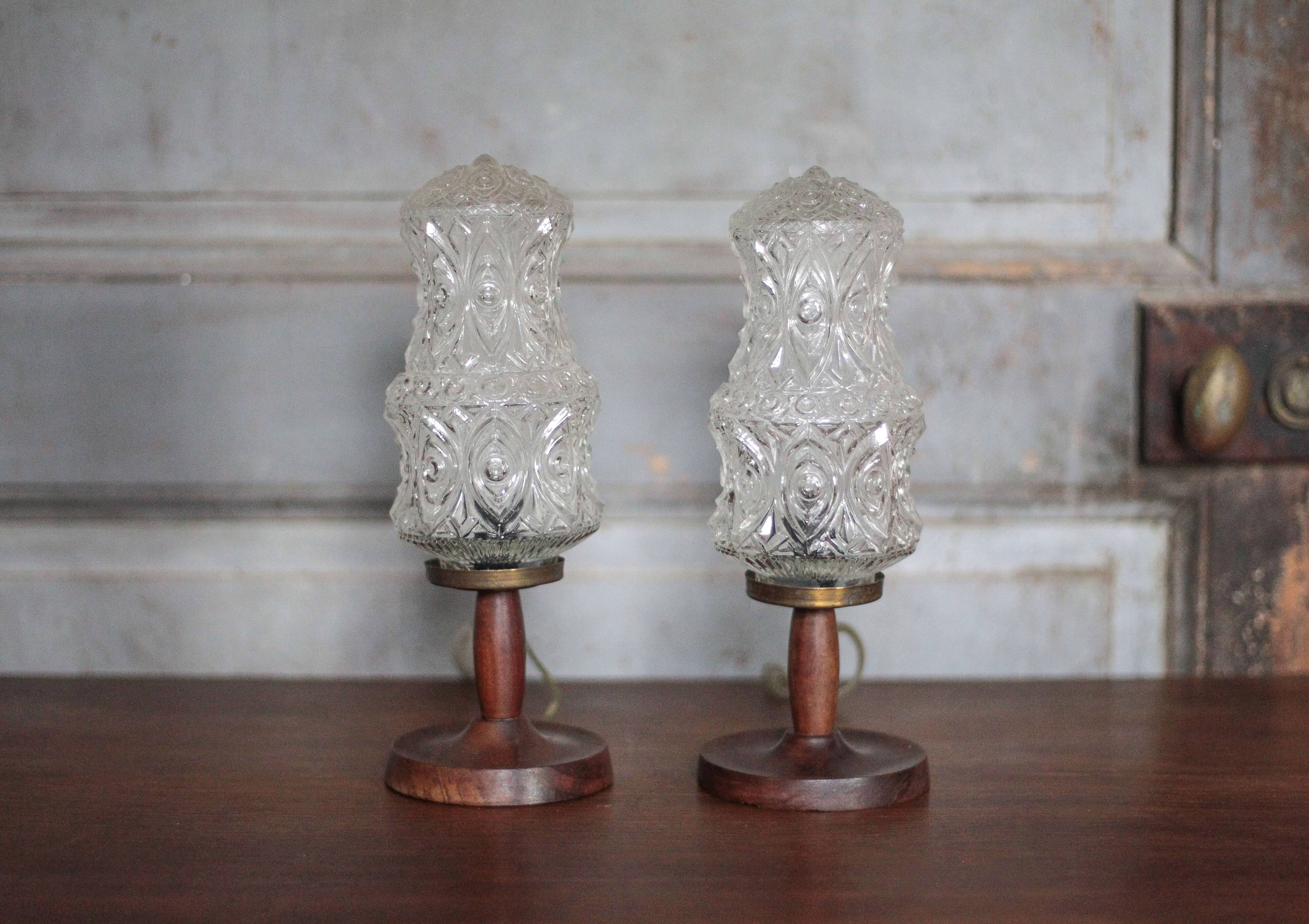 pair of vintage lamps, bedside lamps, glass globe lamps, wooden base, decoration