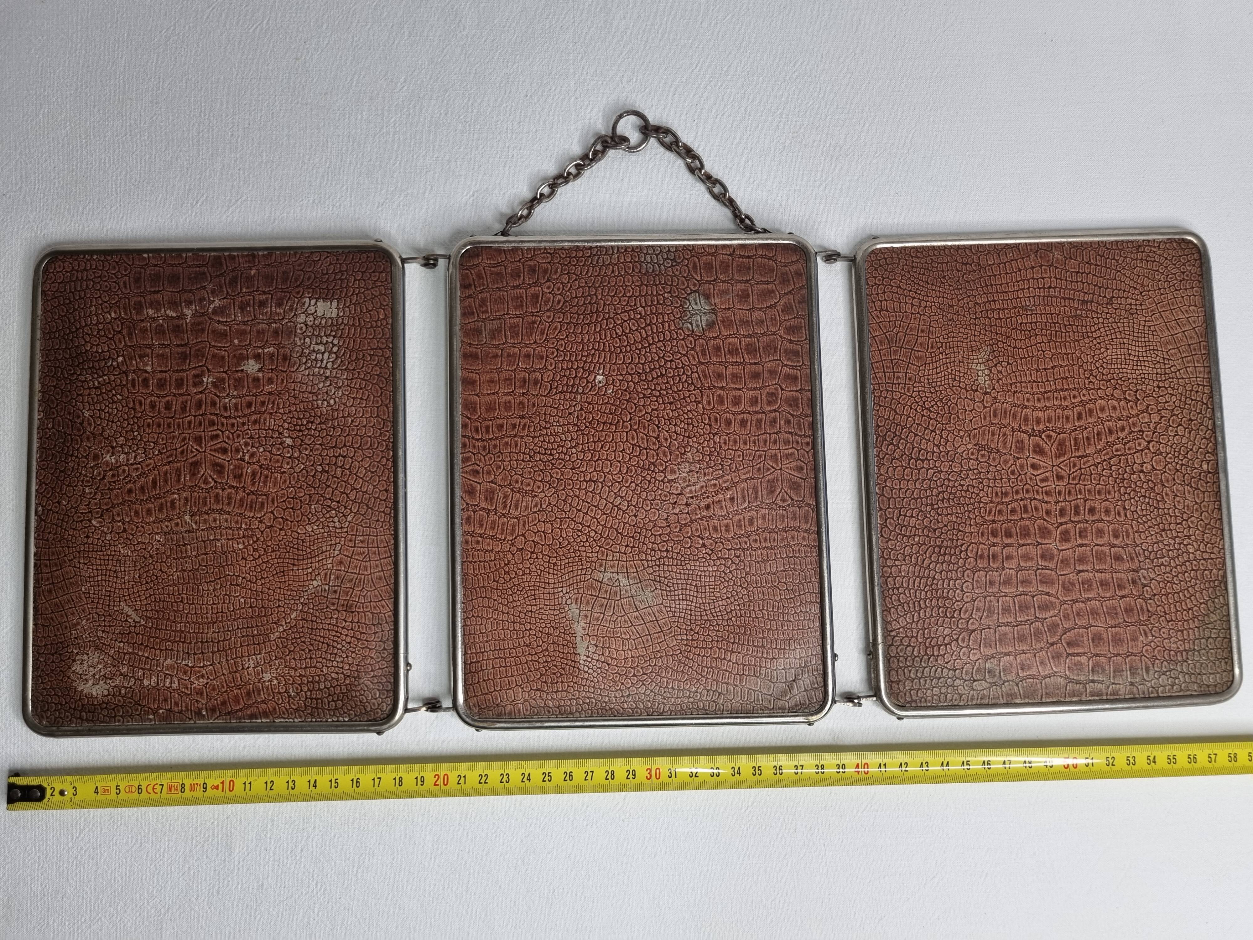 Antique triptych barber's mirror, metal frame and imitation leather back, 1930