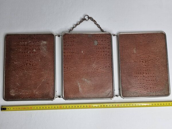 Ancien miroir de barbier triptyque, cadre métal et dos simili cuir 1930