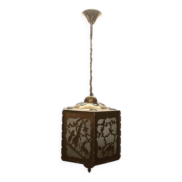 Lampe à suspension antique en laiton scié ajouré, début des années 1900