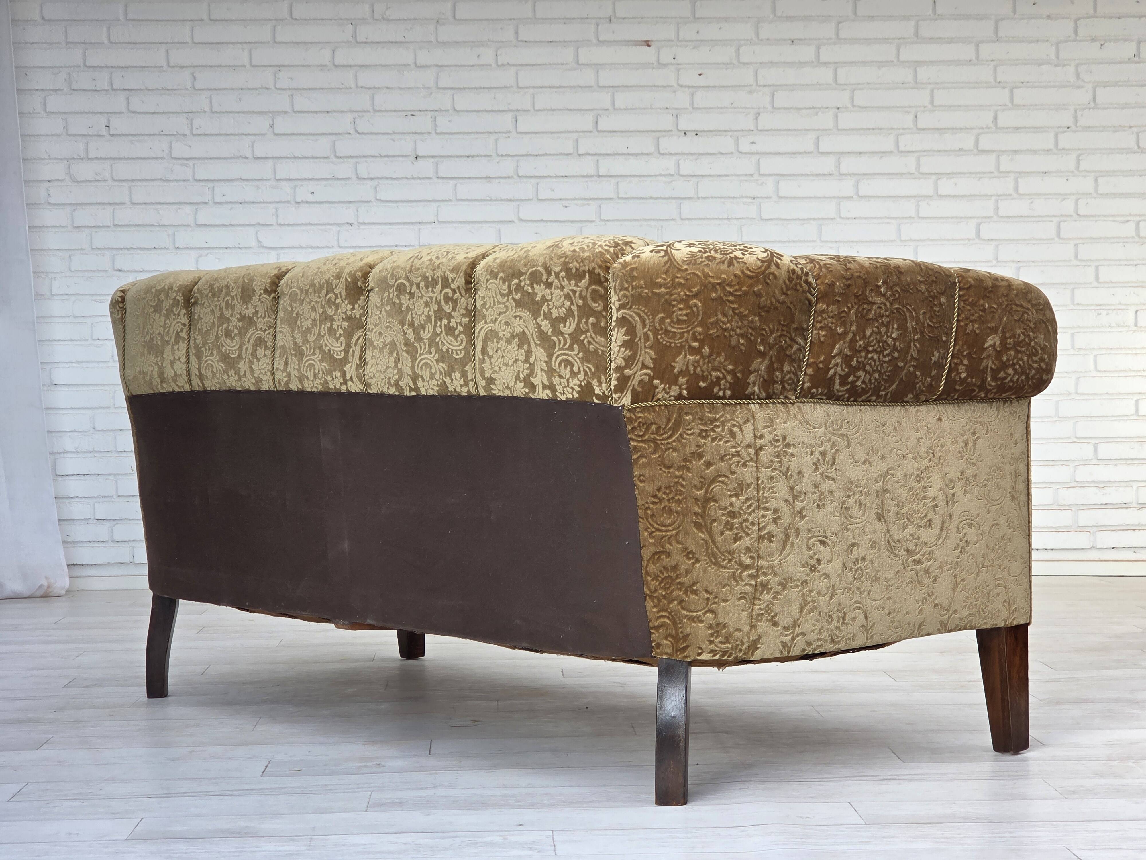 1960s, 3-seater Danish sofa, green furniture velour, ash wood legs.