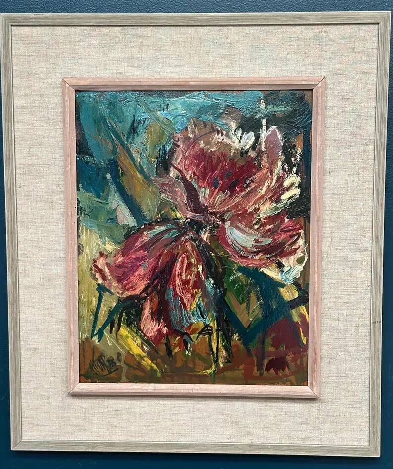 Original Swedish Oil on Panel – "Pink Flower" by Owe Wessbohn – Signed – Vintage and Framed – 69 × 51 cm (27.2" × 20.1")
