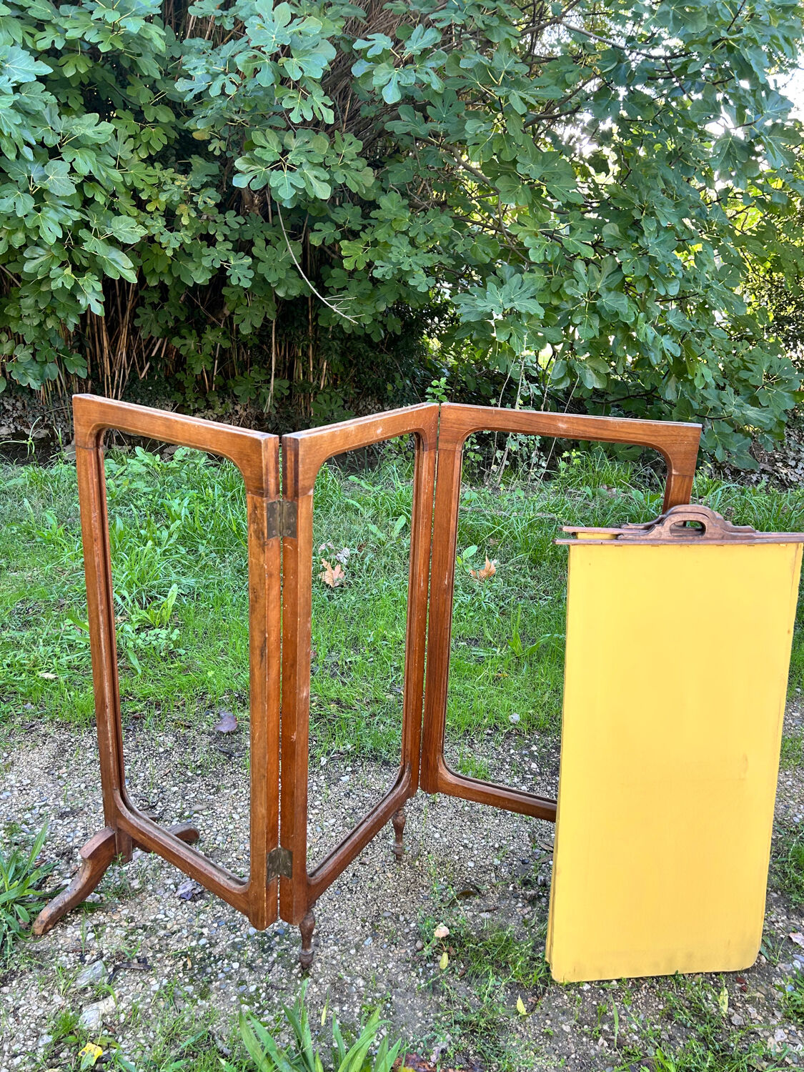 Antique fireplace screen – Solid wood & upholstered panels