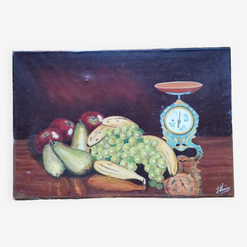 Table oil painting on canvas still life fruit scales signed vintage vasseur