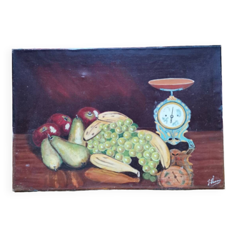 Tableau peinture à l'huile sur toile nature morte fruit balance signée vintage vasseur