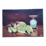 Tableau peinture à l'huile sur toile nature morte fruit balance signée vintage vasseur