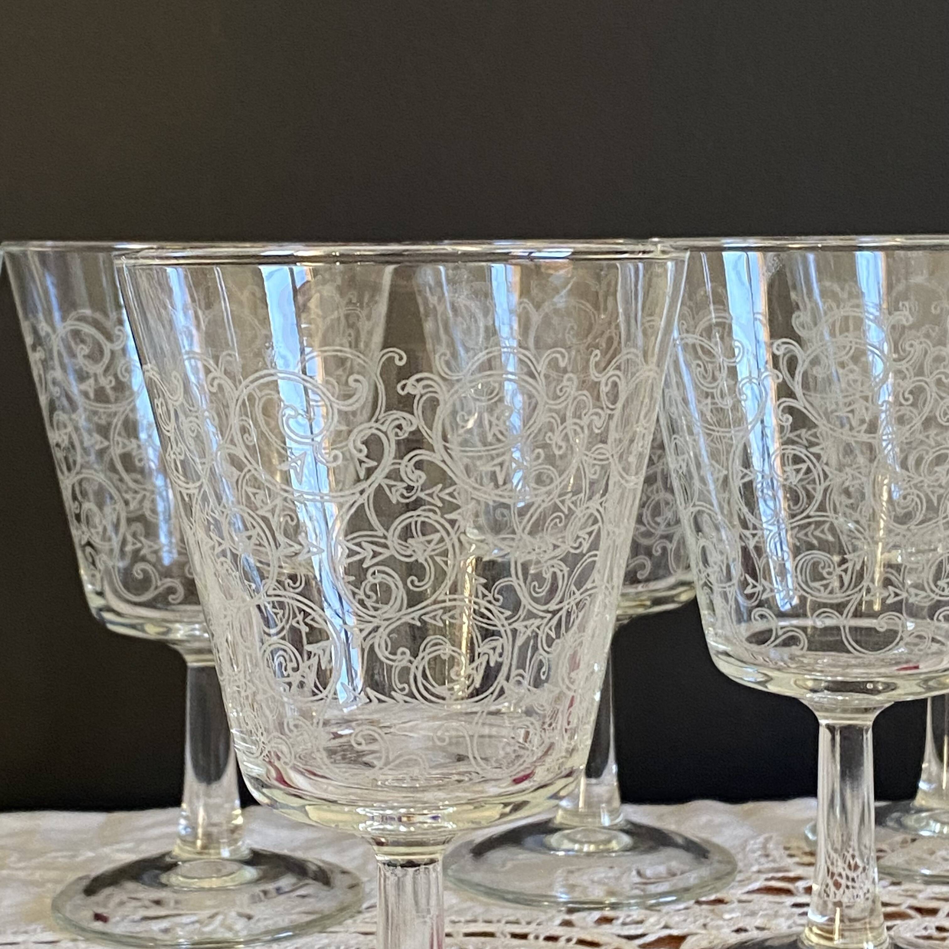 6 large antique wine or water glasses engraved with arabesques