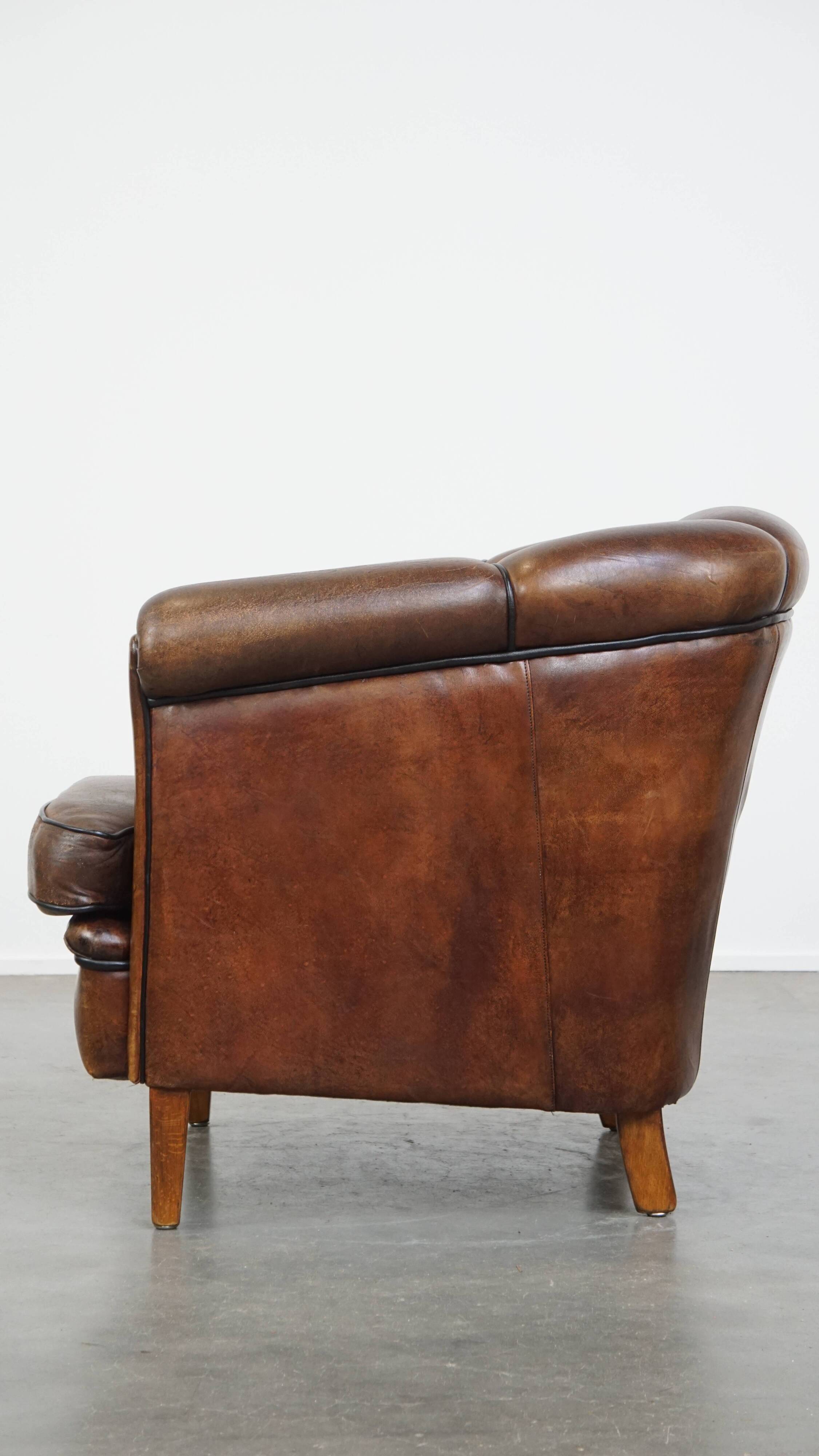Dark Sheepskin Leather Club Chair with Black Piping