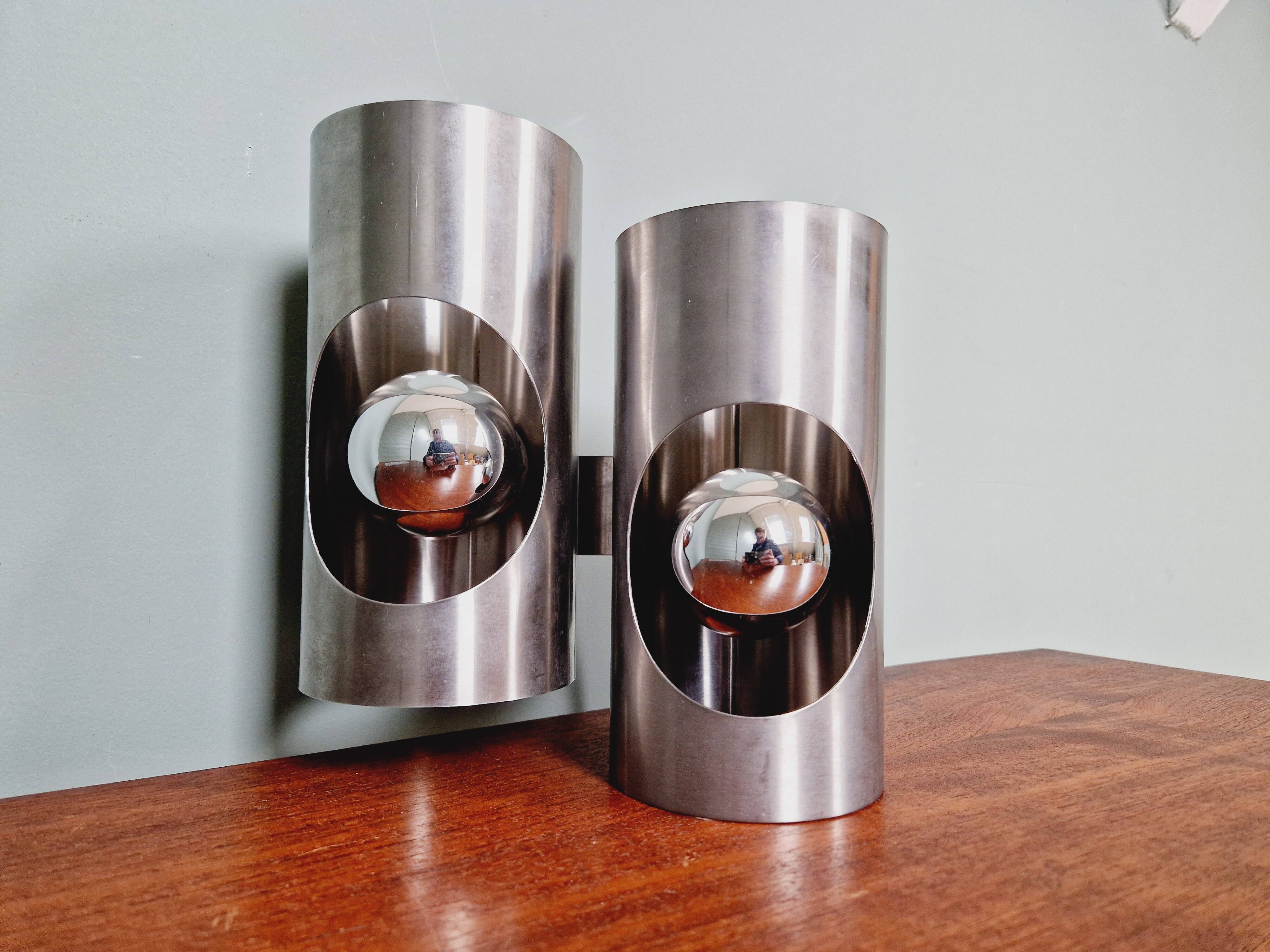 Space Age double wall lamp, in brushed aluminum, 1970s