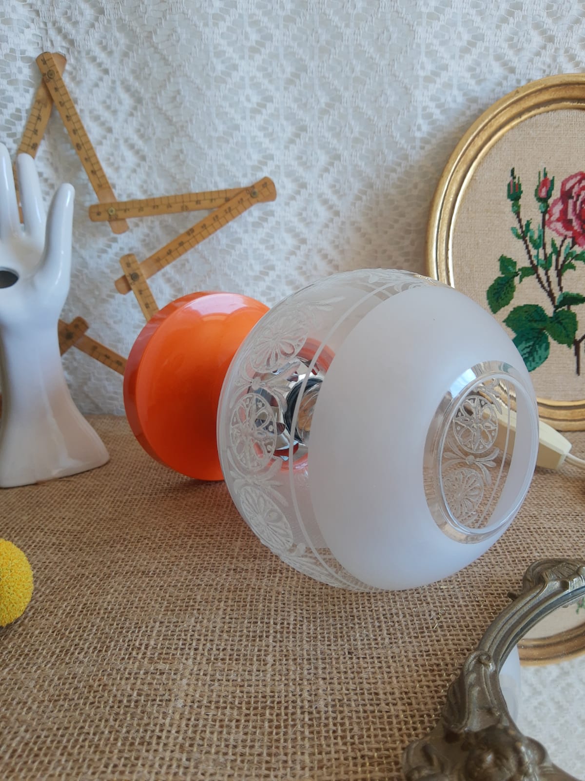 Retro orange table lamp and 70s glass globe