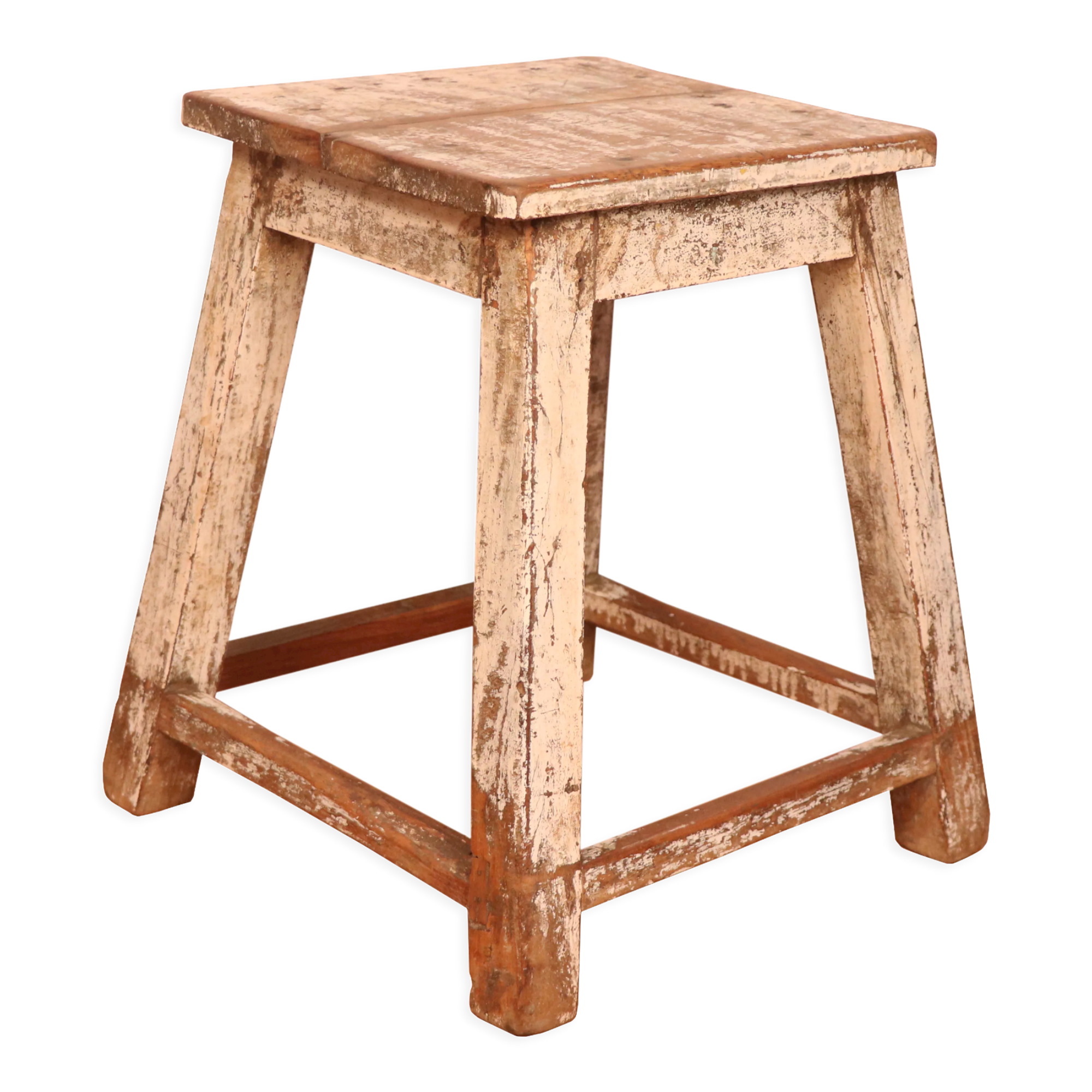 Old burmese teak workshop stool original ecru-teak patina