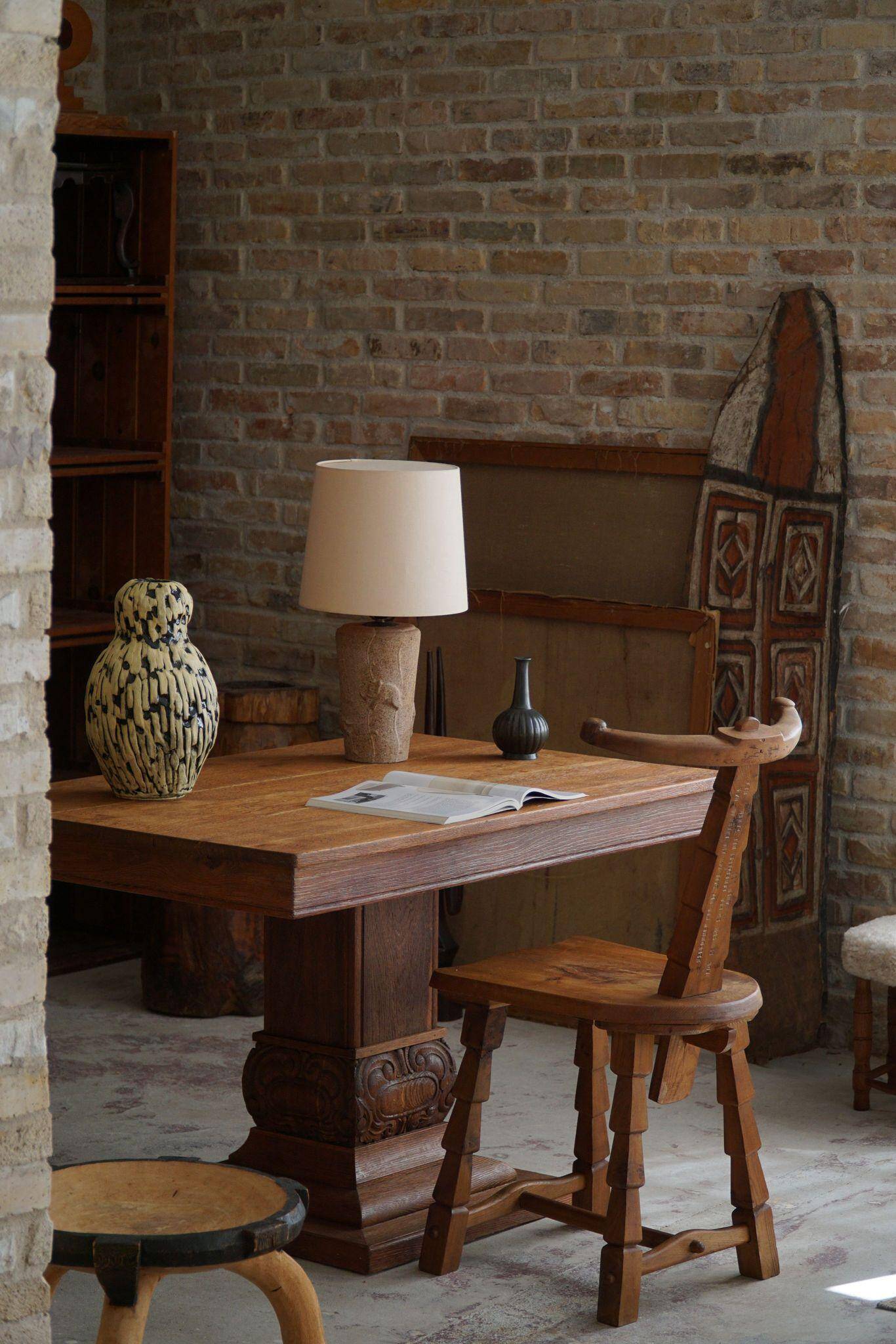 Vintage modern French table lamp in stone with elephant patterns, 1970s.