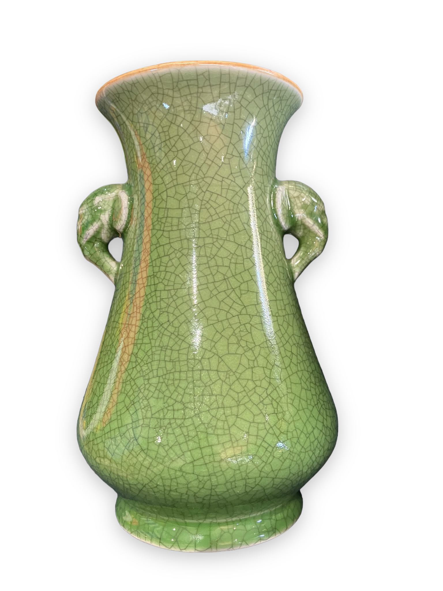 Green cracked ceramic vase Elephant Handles China XXth