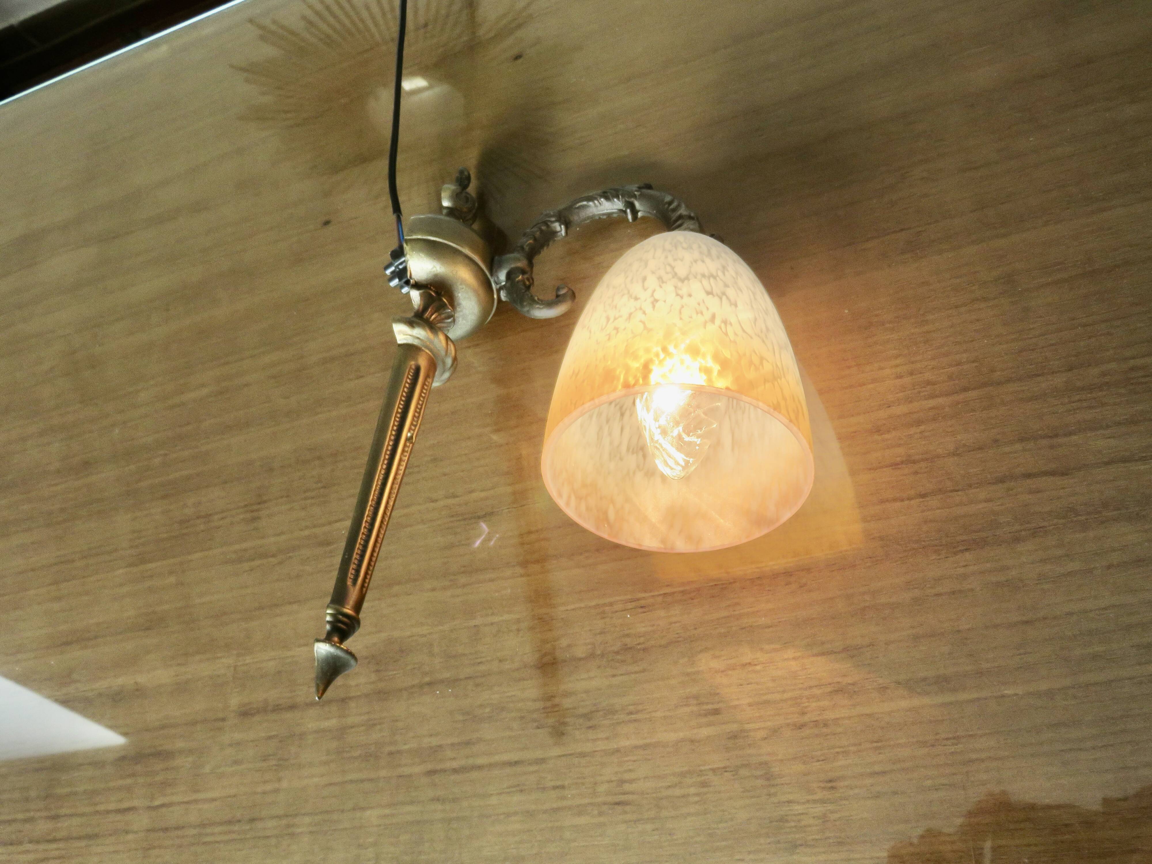 Pair of art deco wall lights in marbled glass and brass