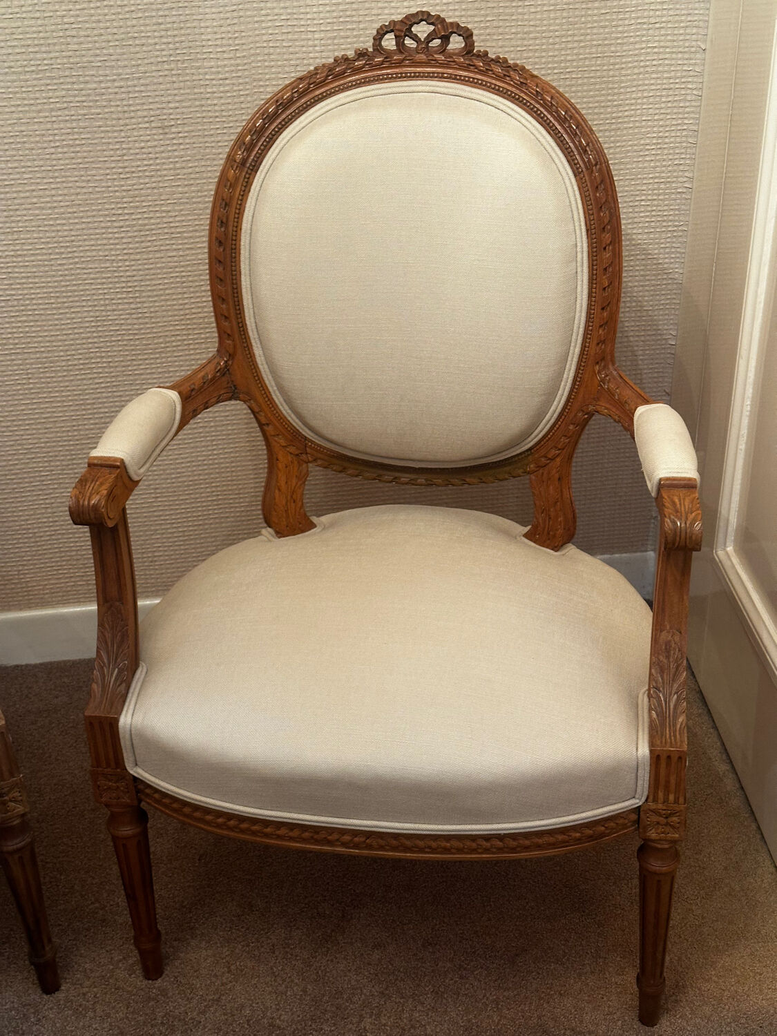 Pair of Louis XVI style medallion armchairs, late 19th / early 20th century.