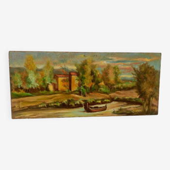 Peinture à l’huile sur panneau isorel paysage toscan des années 1960