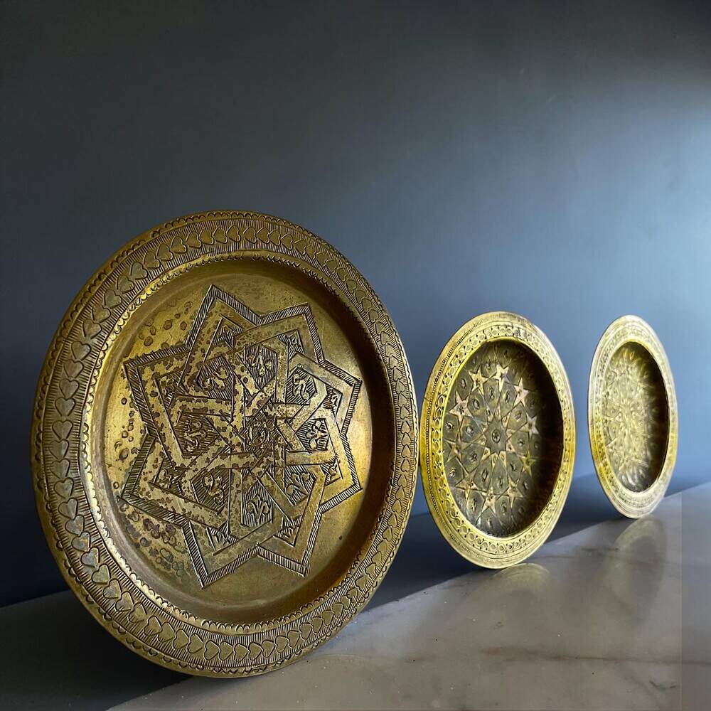 Set of 3 vintage brass North African trays