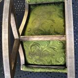 1950s footstool in carved wood and satin green patterned velvet