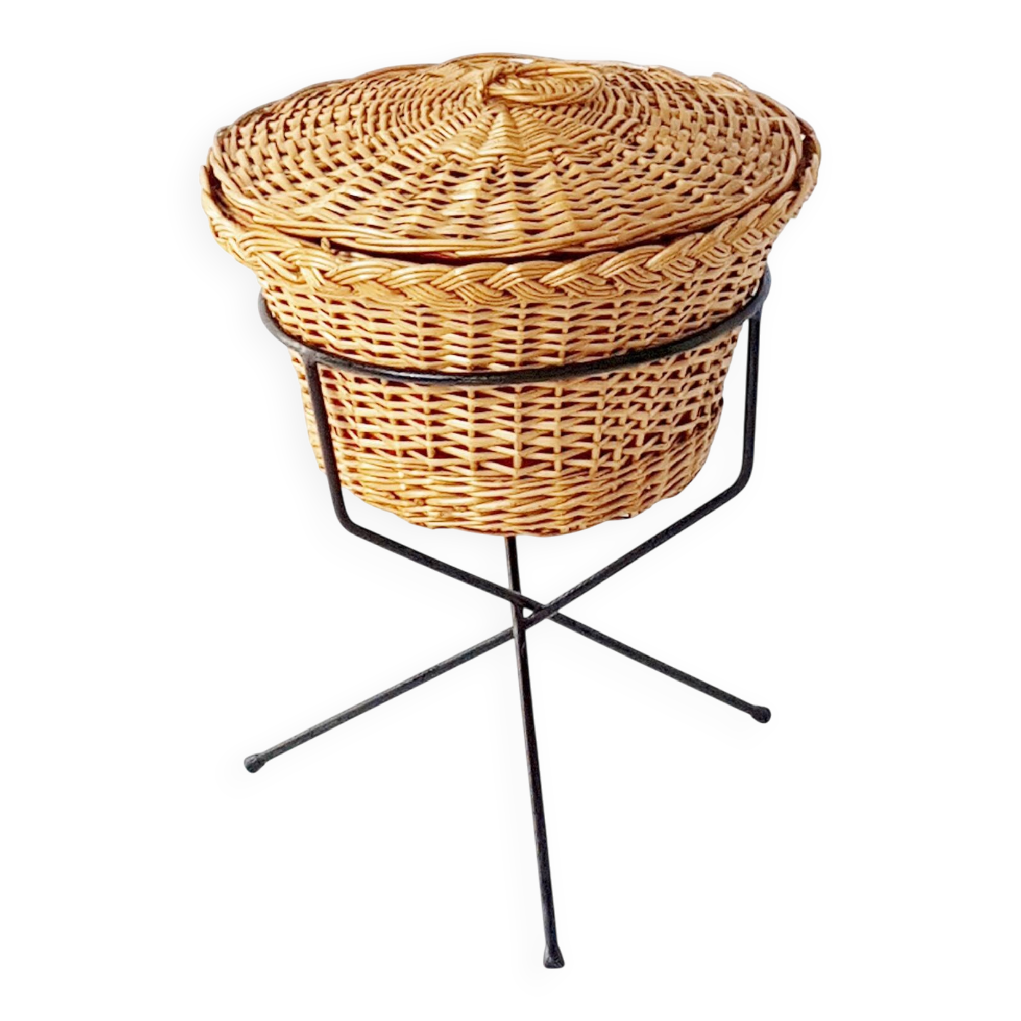 Working tripod wicker sewing box steel 1950 vintage 50s rockabilly