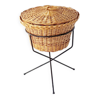 Working tripod wicker sewing box steel 1950 vintage 50s rockabilly