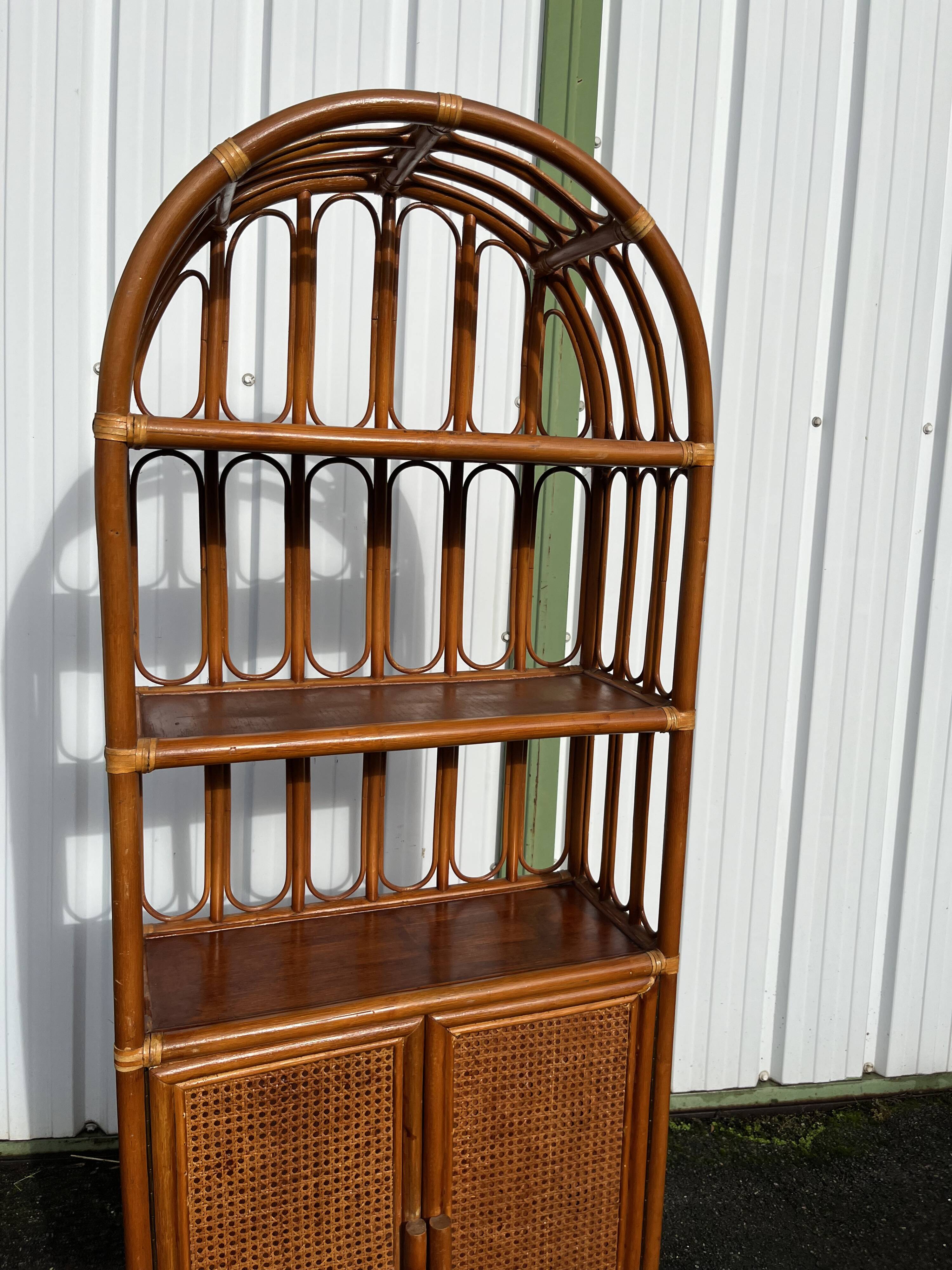 Vintage rattan, wood and cane shelf bookcase