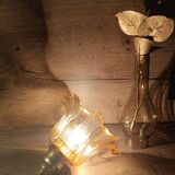 Amber tulip glass portable lamp, golden braided cord.