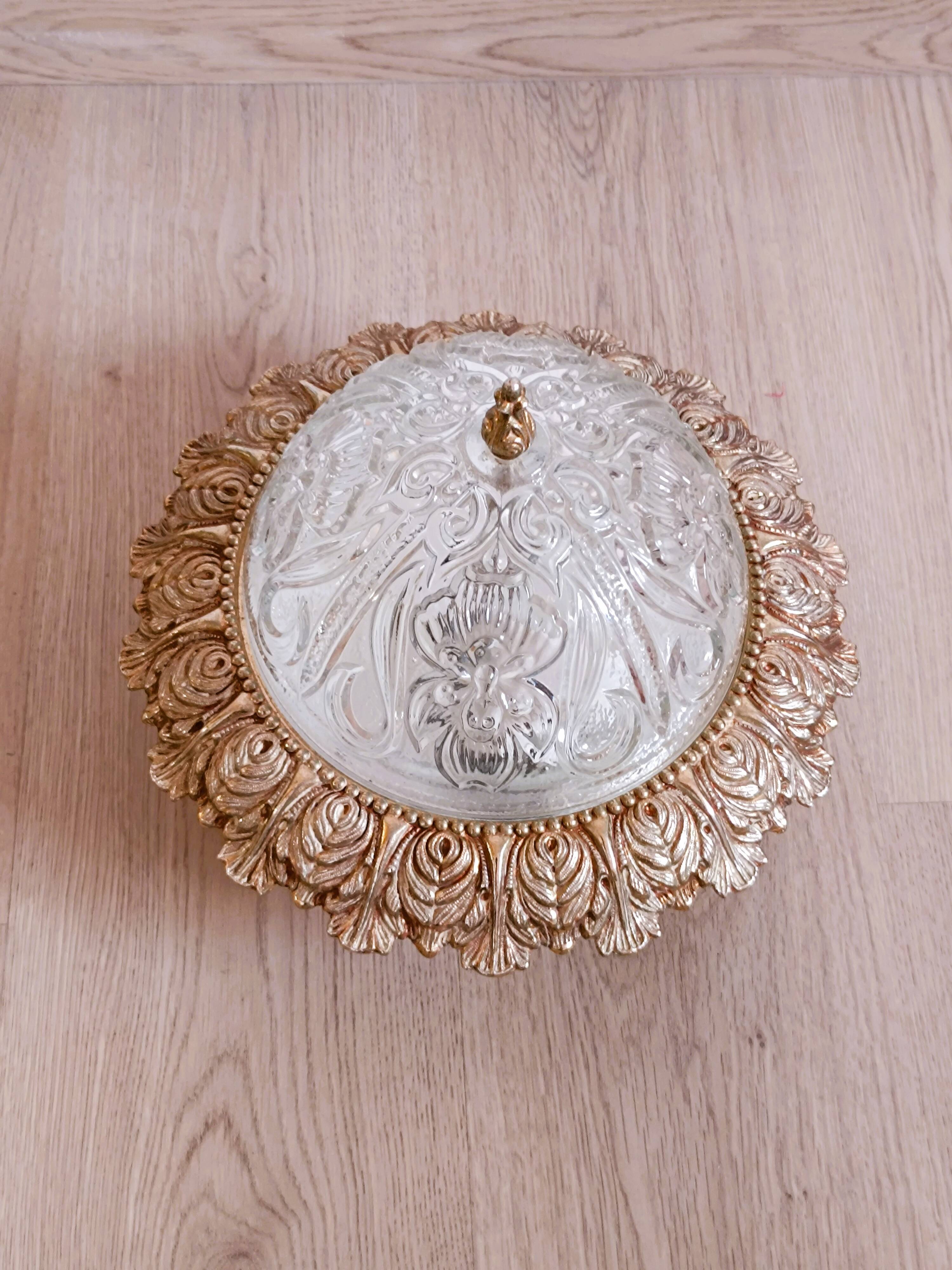 1960s molded glass ceiling light with brass crown