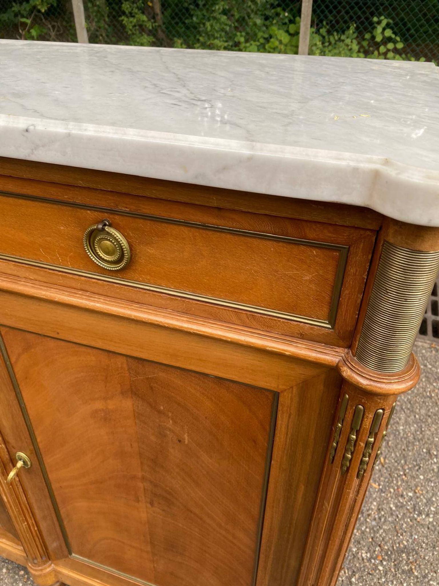 Louis XVI sideboard in solid mahogany with a white marble top, 222cm, 1950.