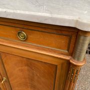 Louis XVI sideboard in solid mahogany with a white marble top, 222cm, 1950.