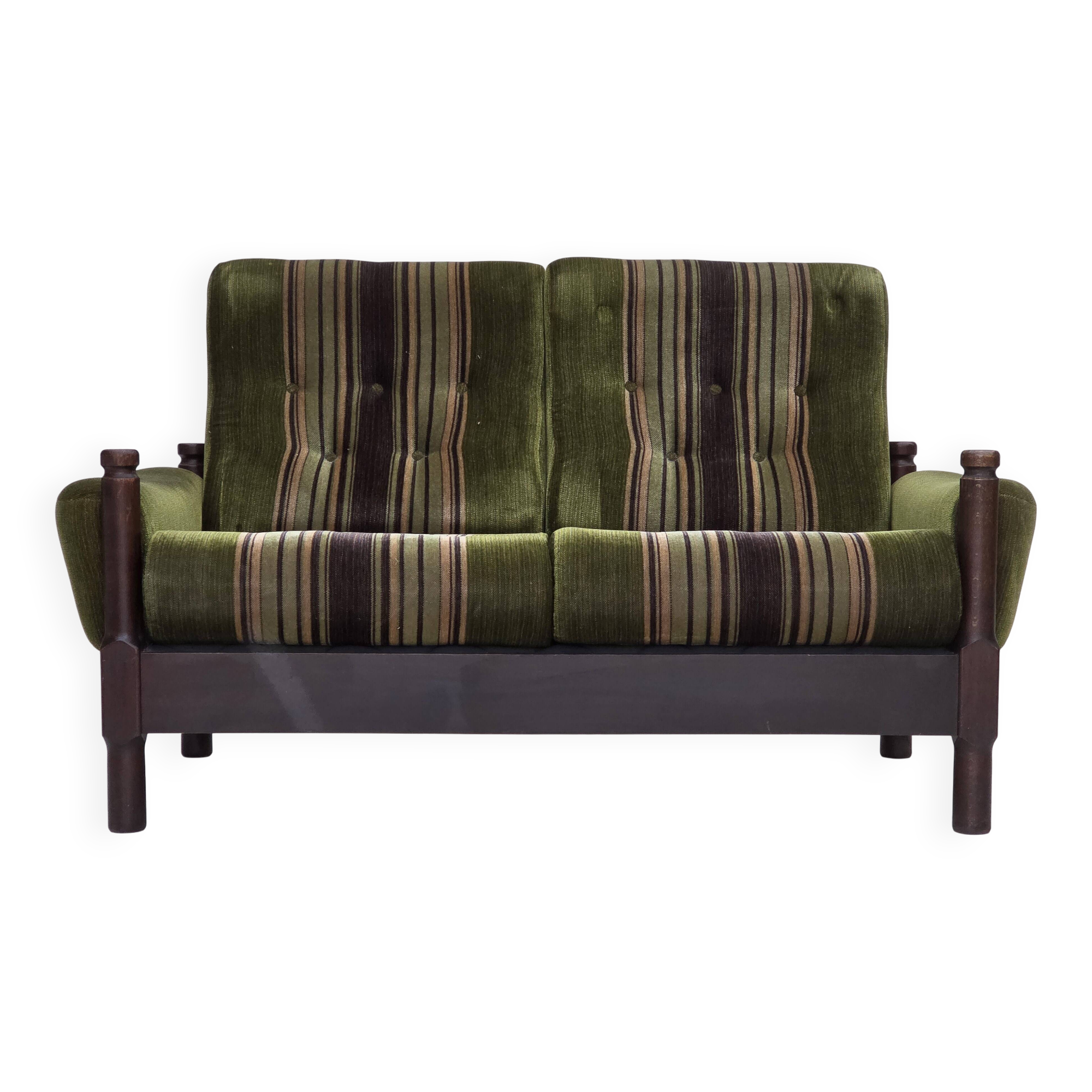 1970s, Scandinavian 2-seater sofa, green furniture velour, beech wood.
