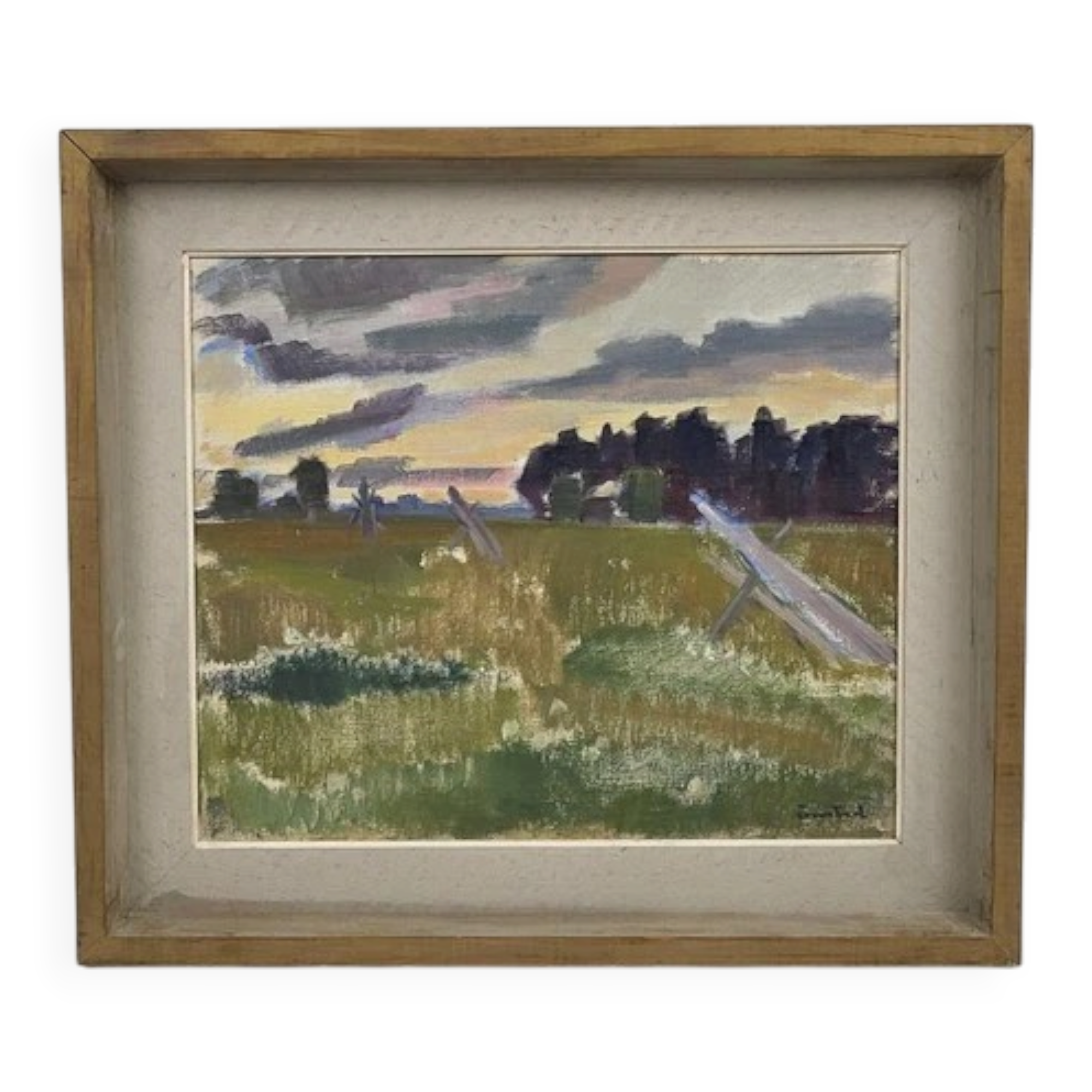 Oil on Canvas “Evening at Haymaking Time” by Bernhard Önstad, Framed 48.5×43cm