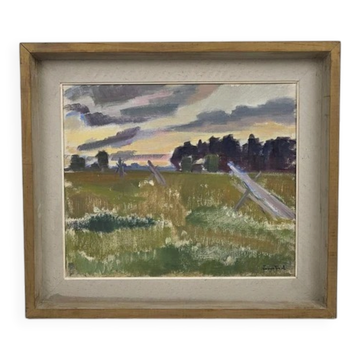 Huile sur toile "Soirée au temps de la fauche" par Bernhard Önstad, encadrée 48,5×43 cm