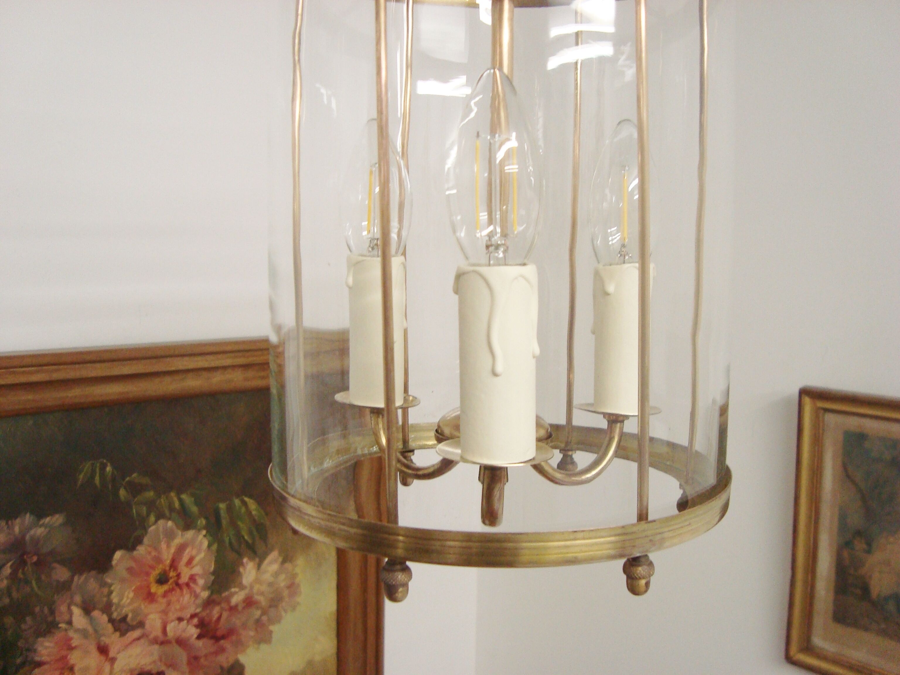 Vintage round brass chandelier Vestibule pendant lamp from the fifties