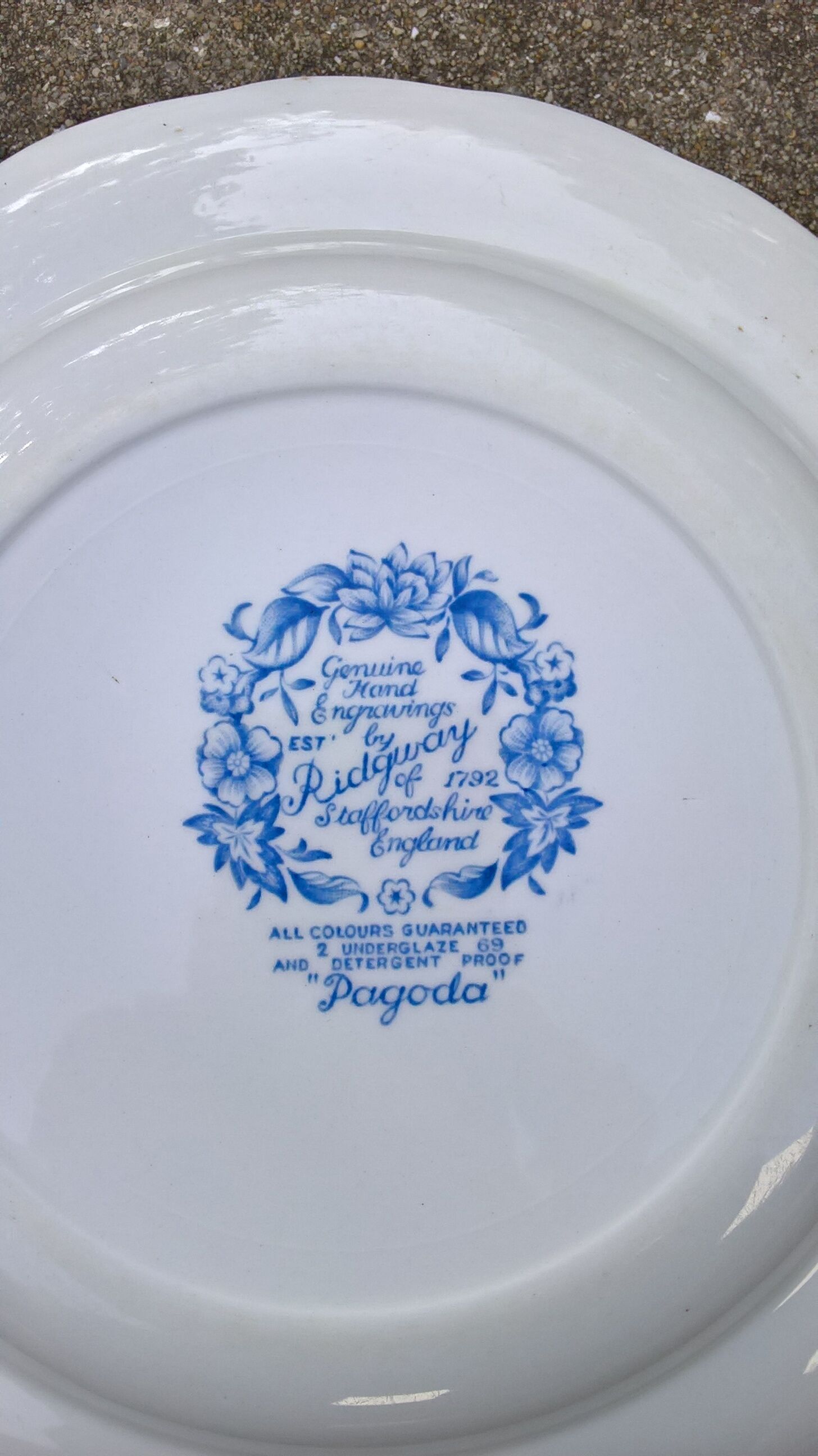 Ridgway "Pagoda" Staffordshire white and blue soup plates
